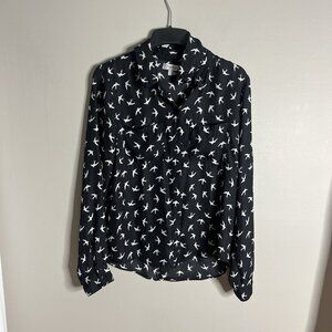 Olsenboye Size Small Chiffon Swallow Black Sheer Button Blouse Collared Top